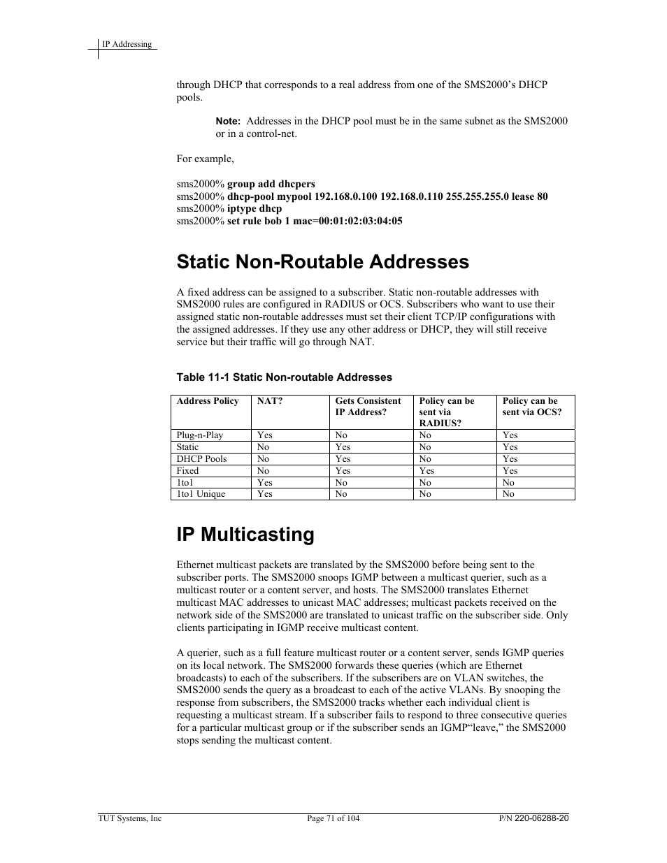 Static non-routable addresses, Ip multicasting, Table 11-1 static non-routable addresses | Tut Systems SMS2000 User Manual | Page 71 / 104