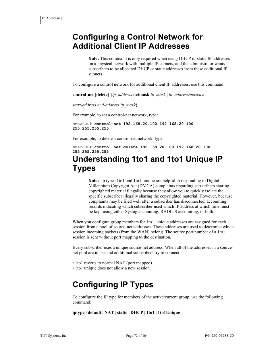 Understanding 1to1 and 1to1 unique ip types, Configuring ip types | Tut Systems SMS2000 User Manual | Page 72 / 104