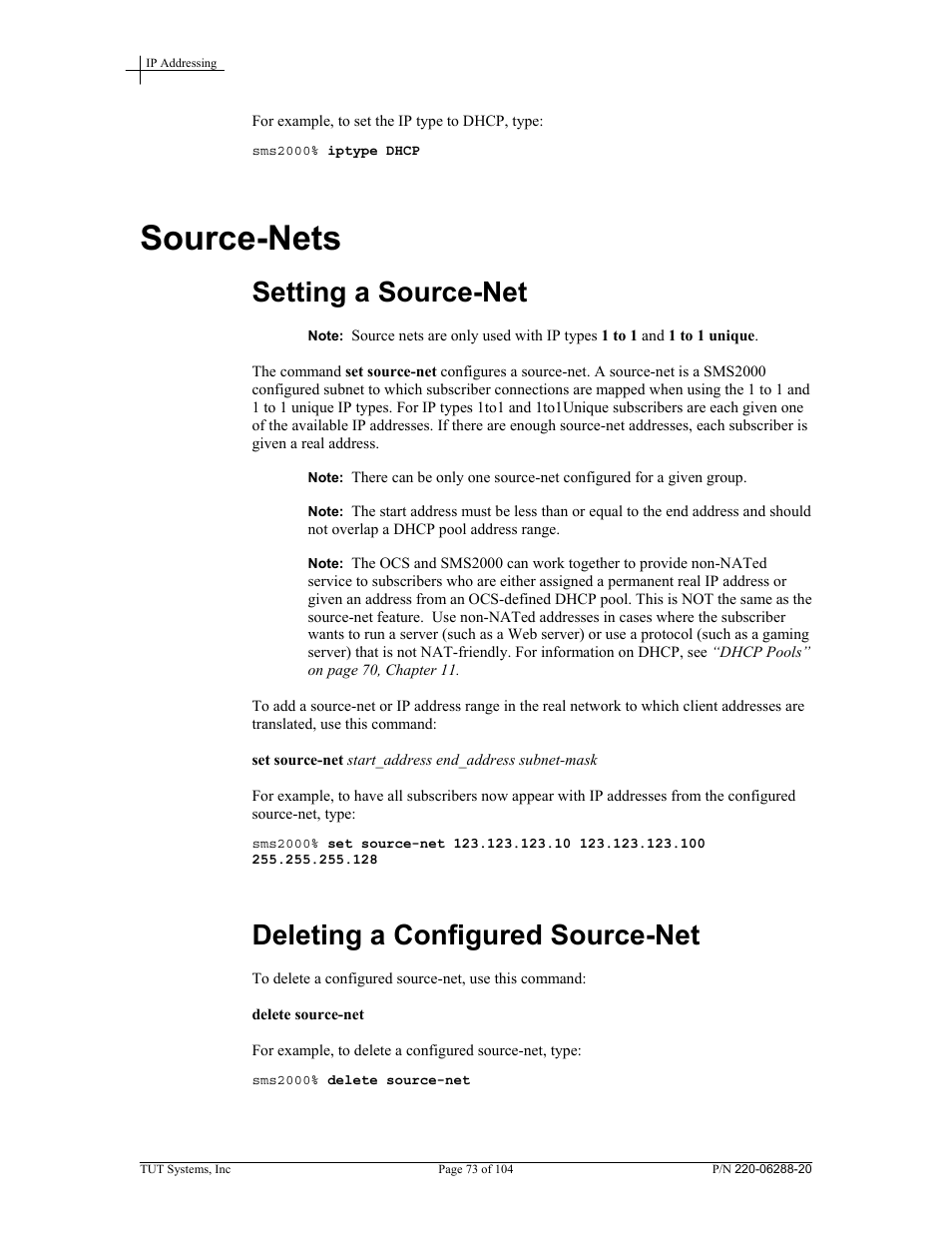 Source-nets, Setting a source-net, Deleting a configured source-net | Tut Systems SMS2000 User Manual | Page 73 / 104