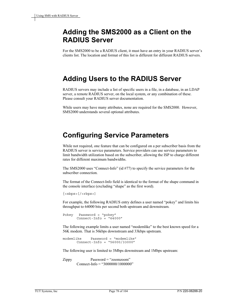 Adding users to the radius server, Configuring service parameters | Tut Systems SMS2000 User Manual | Page 78 / 104