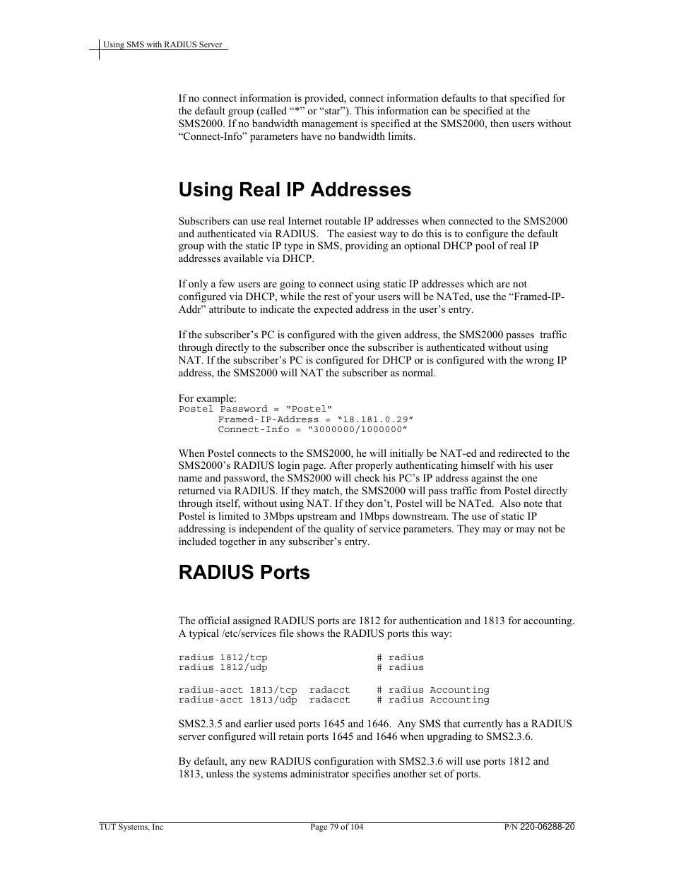 Using real ip addresses, Radius ports | Tut Systems SMS2000 User Manual | Page 79 / 104