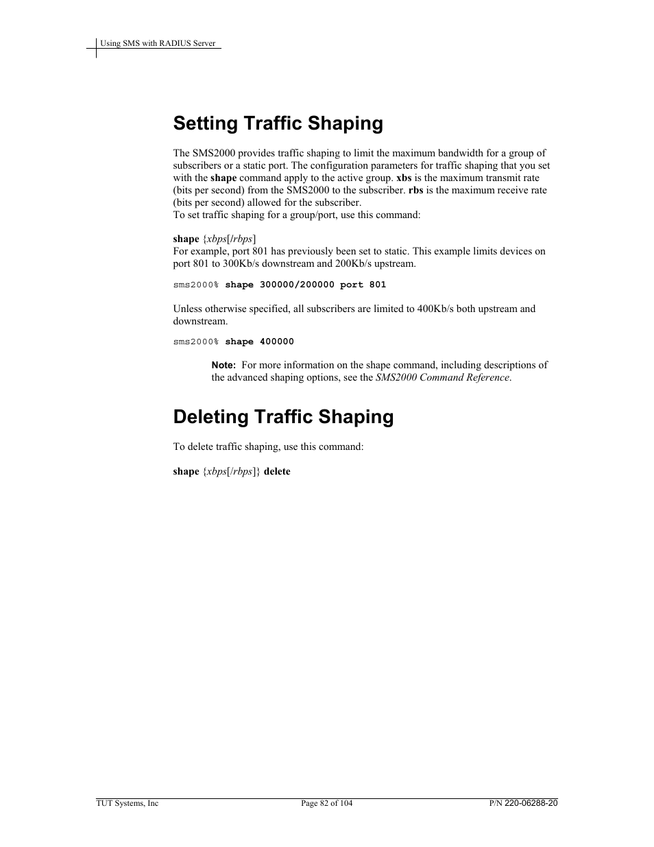 Setting traffic shaping, Deleting traffic shaping | Tut Systems SMS2000 User Manual | Page 82 / 104