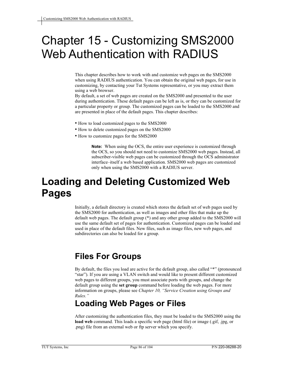 Files for groups, Loading and deleting customized web pages, Loading web pages or files | Tut Systems SMS2000 User Manual | Page 86 / 104