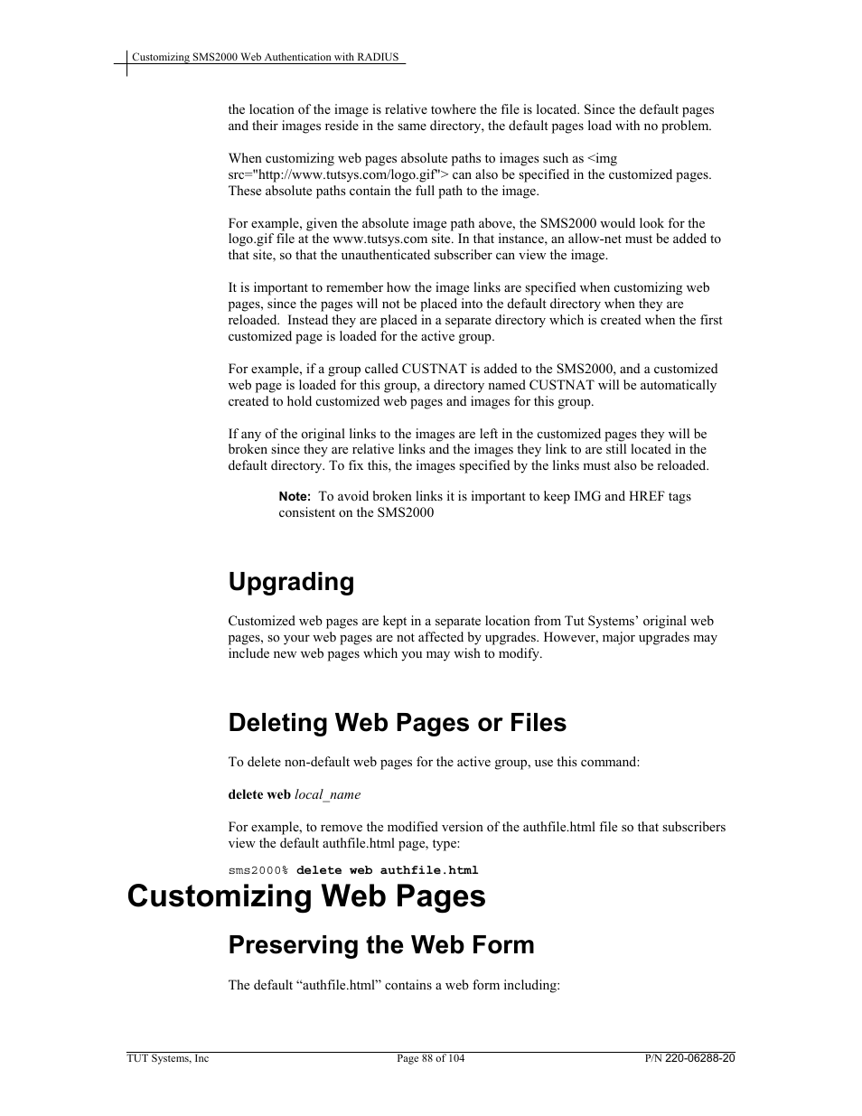 Upgrading, Preserving the web form, Customizing web pages | Deleting web pages or files | Tut Systems SMS2000 User Manual | Page 88 / 104