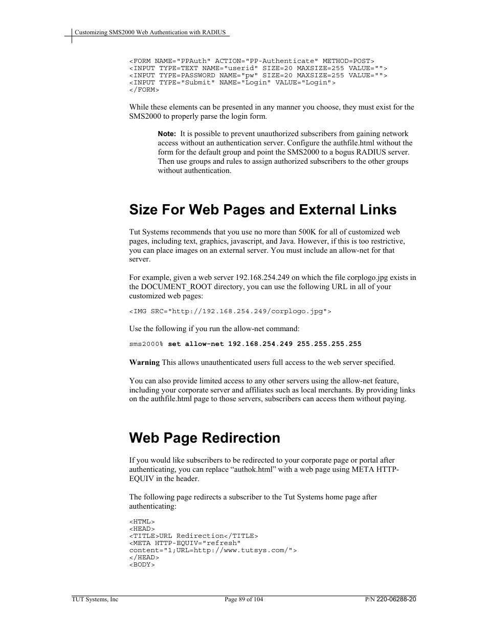 Size for web pages and external links, Web page redirection | Tut Systems SMS2000 User Manual | Page 89 / 104