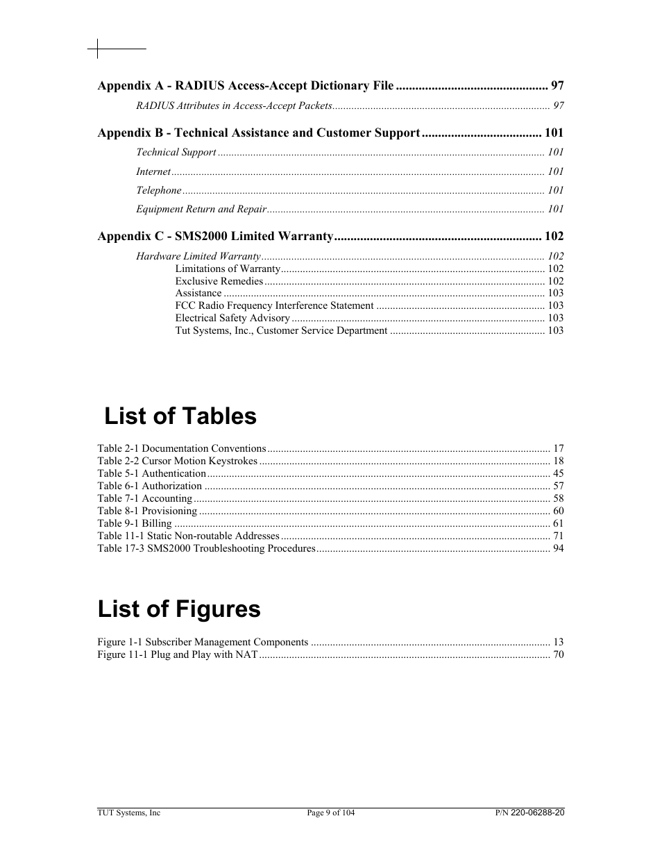 List of tables, List of figures | Tut Systems SMS2000 User Manual | Page 9 / 104