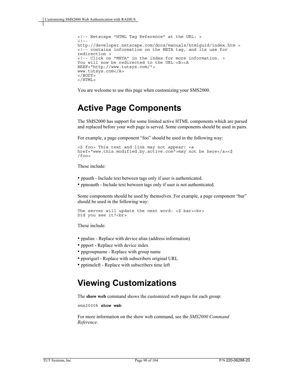 Viewing customizations, Active page components | Tut Systems SMS2000 User Manual | Page 90 / 104