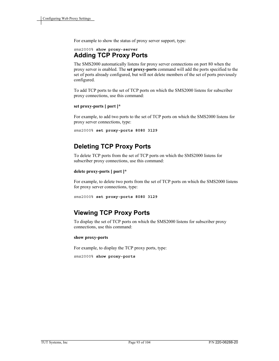 Adding tcp proxy ports, Deleting tcp proxy ports, Viewing tcp proxy ports | Tut Systems SMS2000 User Manual | Page 93 / 104