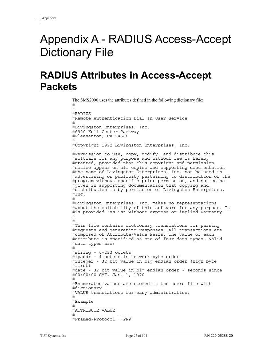 Appendix a - radius access-accept dictionary file, Radius attributes in access-accept packets | Tut Systems SMS2000 User Manual | Page 97 / 104