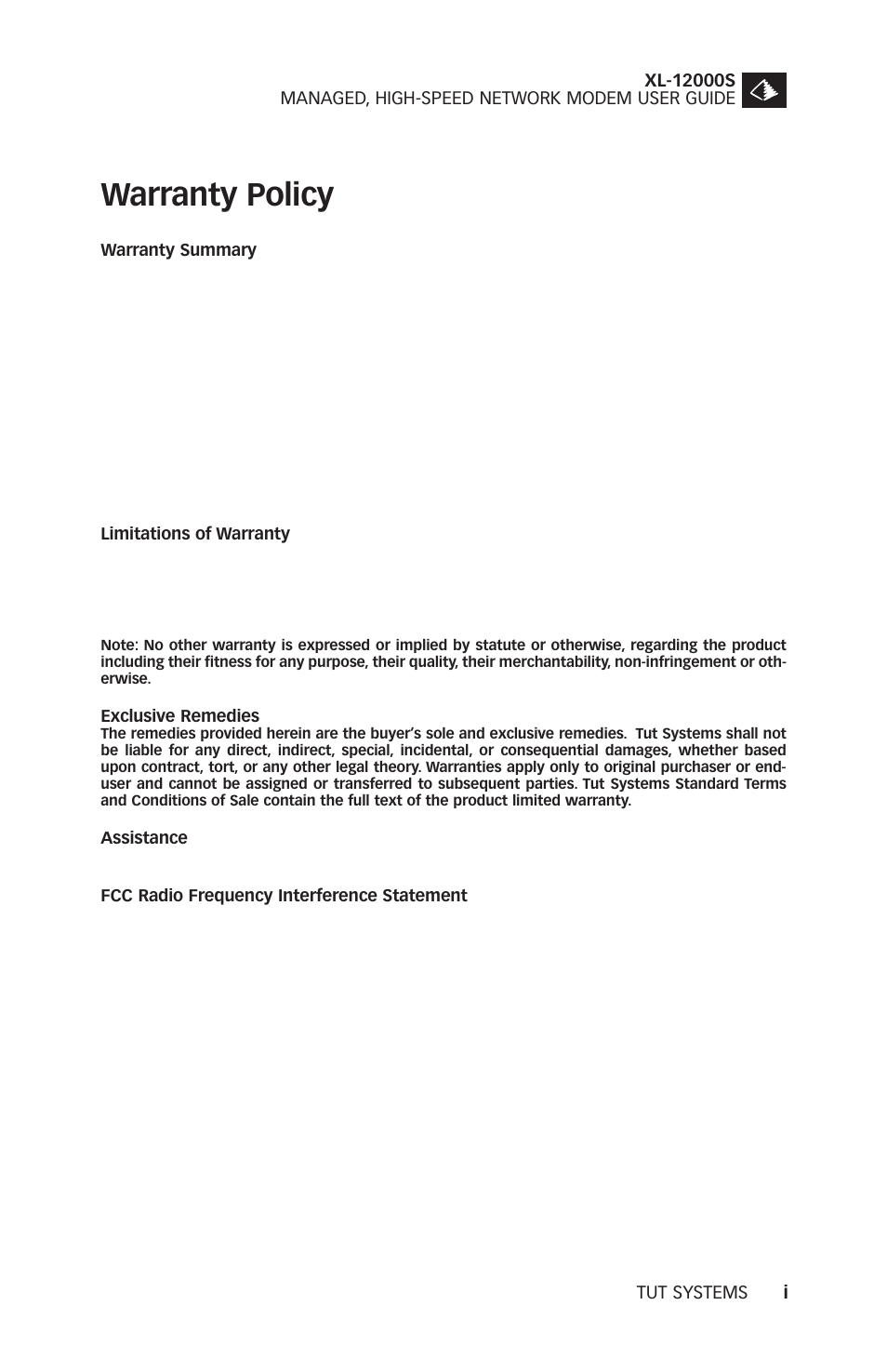 Warranty policy | Tut Systems XL-12000S User Manual | Page 3 / 78