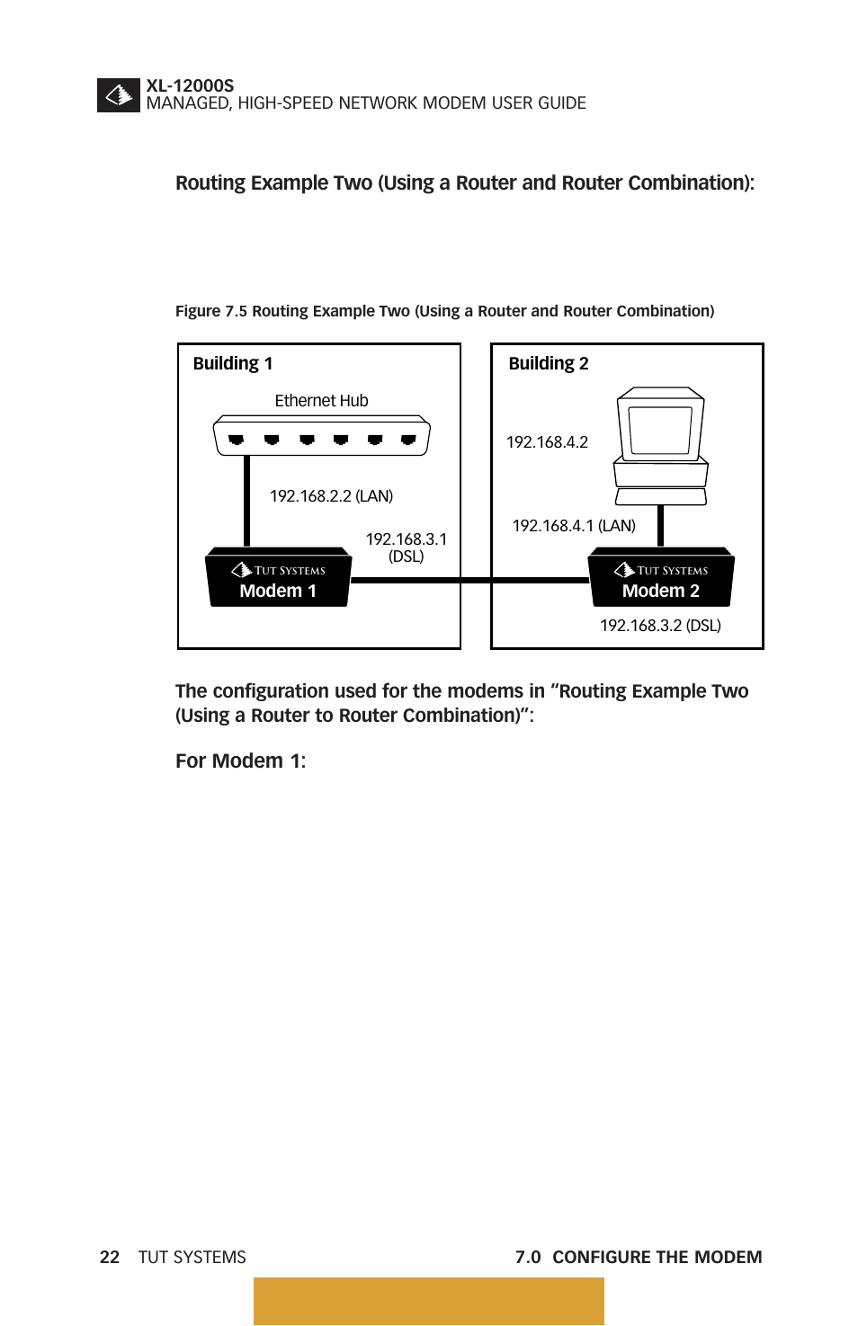 Figure 7.5, Routing example two, Using a router and router combination) | Back to table of contents | Tut Systems XL-12000S User Manual | Page 30 / 78