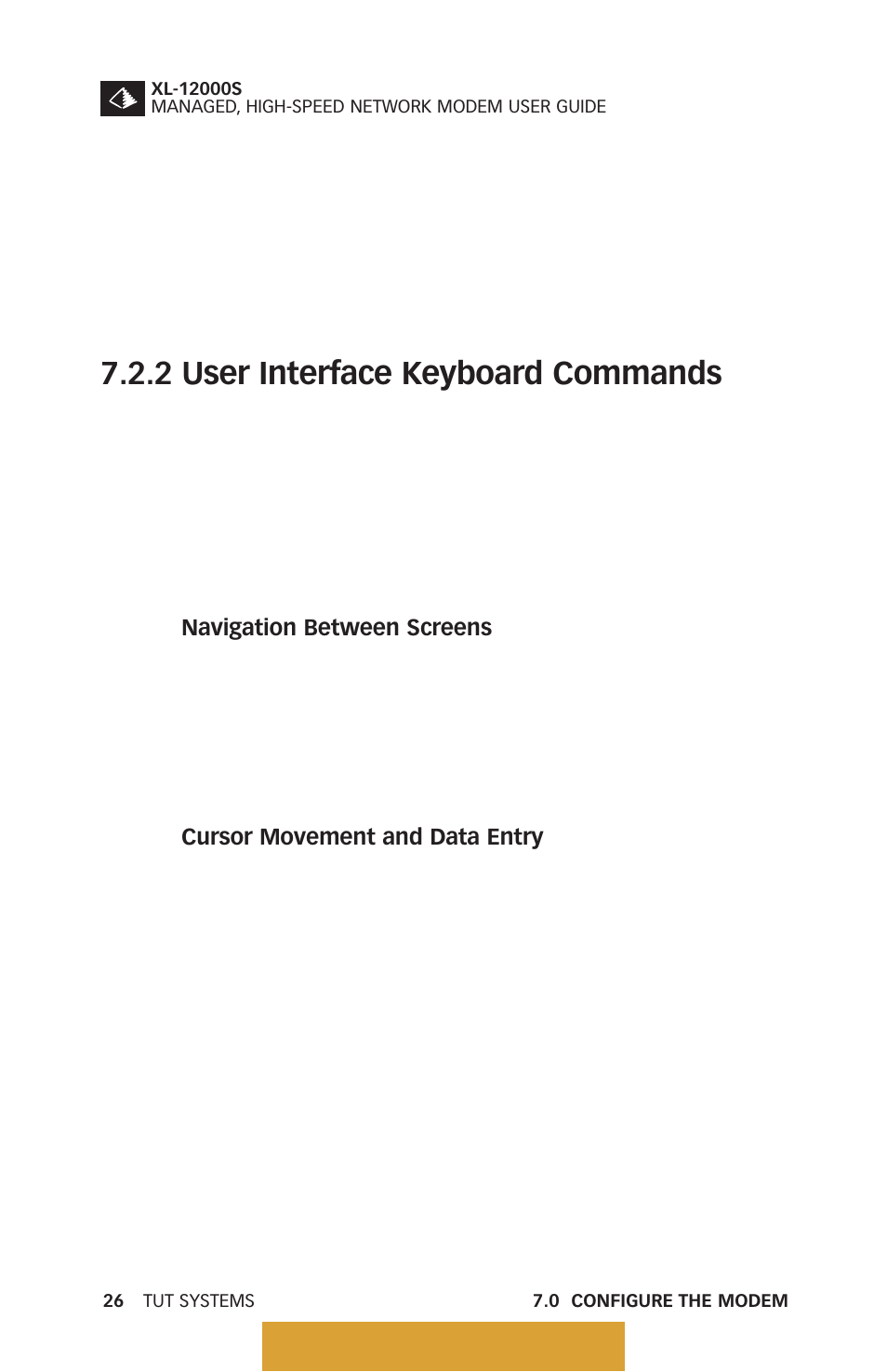 User interface keyboard commands, Table 7.1, Keyboard commands | 2 user interface keyboard commands, Back to table of contents | Tut Systems XL-12000S User Manual | Page 34 / 78