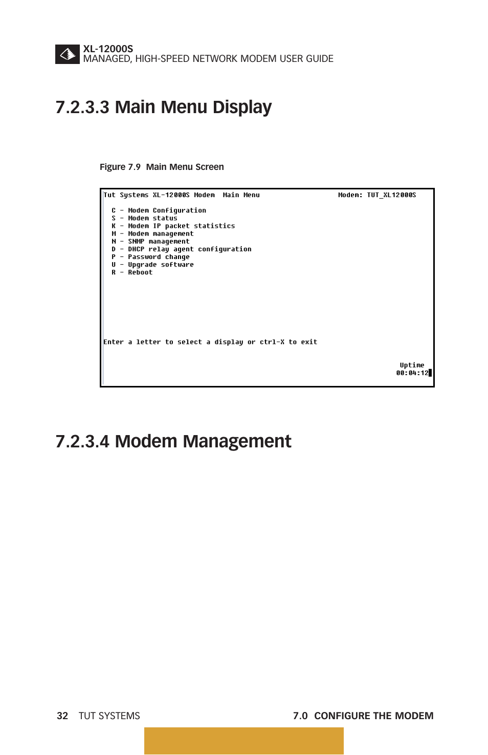 Main menu display, Modem management, Figure 7.9 | Main menu screen, Figure 7.10 modem management screen, 3 main menu display, 4 modem management, Back to table of contents | Tut Systems XL-12000S User Manual | Page 40 / 78