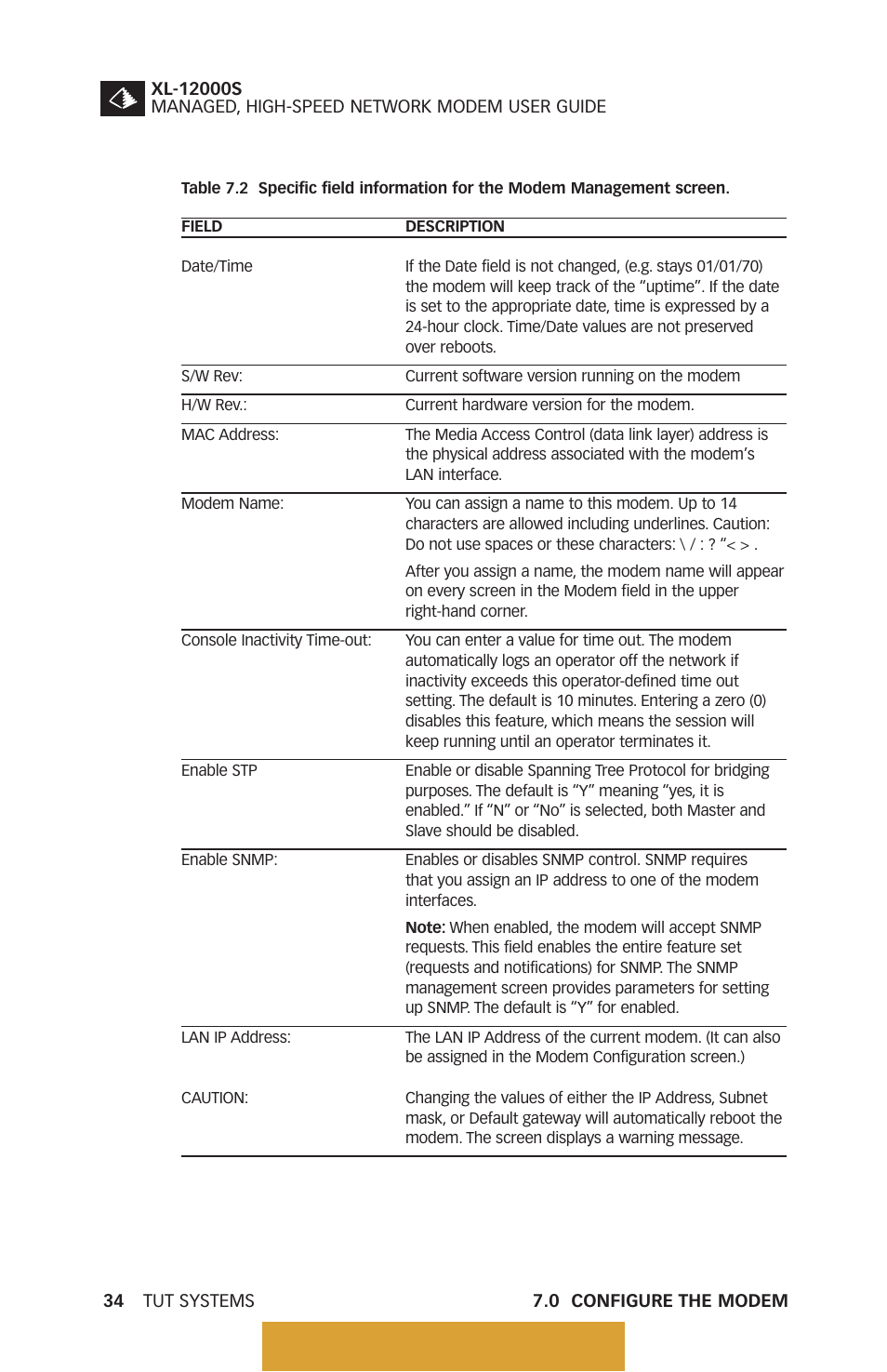 Telnet setup, Modem configuration, Table 7.2 | Specific field information for the modem, Management screen, Back to table of contents | Tut Systems XL-12000S User Manual | Page 42 / 78