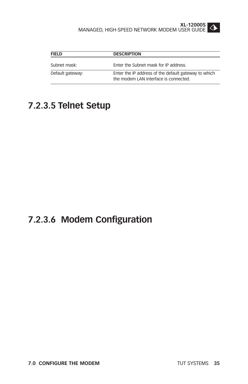 5 telnet setup, 6 modem configuration | Tut Systems XL-12000S User Manual | Page 43 / 78