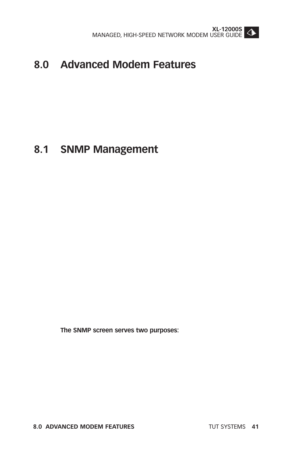 0 advanced modem features, 1 snmp management | Tut Systems XL-12000S User Manual | Page 49 / 78