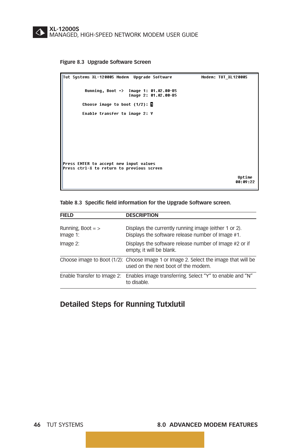 Figure 8.3, Upgrade software screen, Table 8.3 | Back to table of contents | Tut Systems XL-12000S User Manual | Page 54 / 78