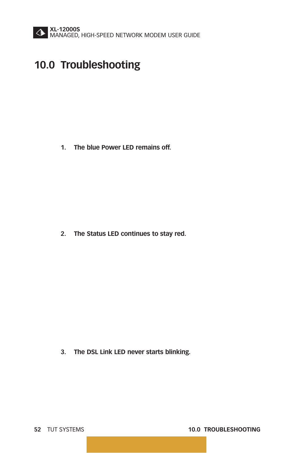 0 troubleshooting, Back to table of contents | Tut Systems XL-12000S User Manual | Page 60 / 78
