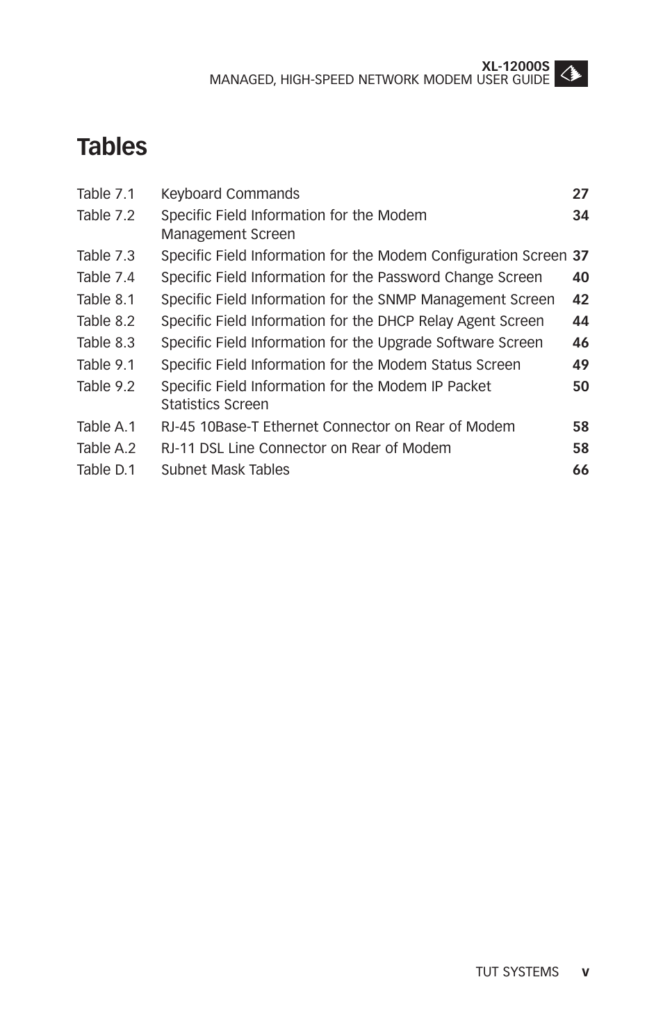Tables | Tut Systems XL-12000S User Manual | Page 7 / 78