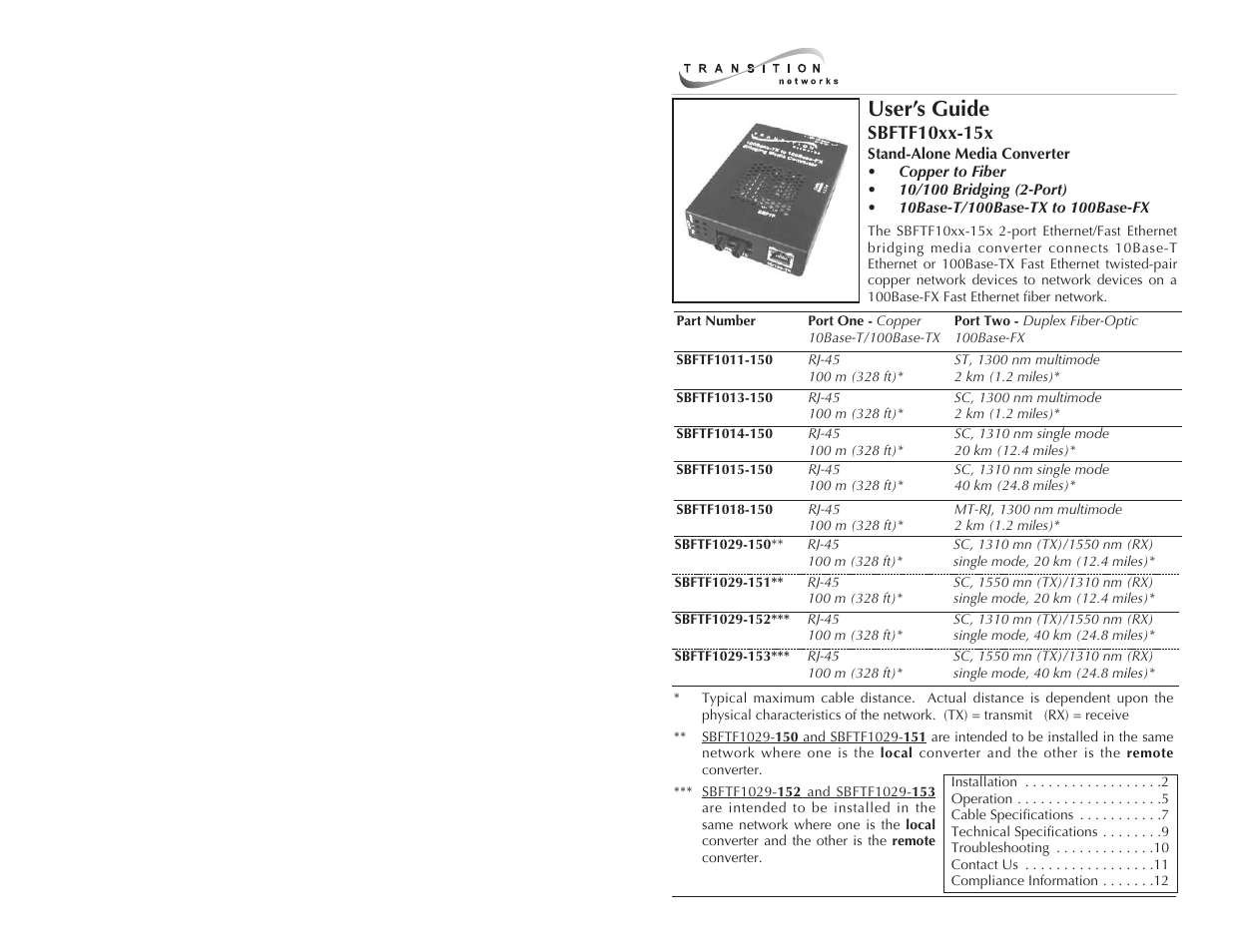 Transition Networks SBFTF10XX-15X User Manual | 7 pages