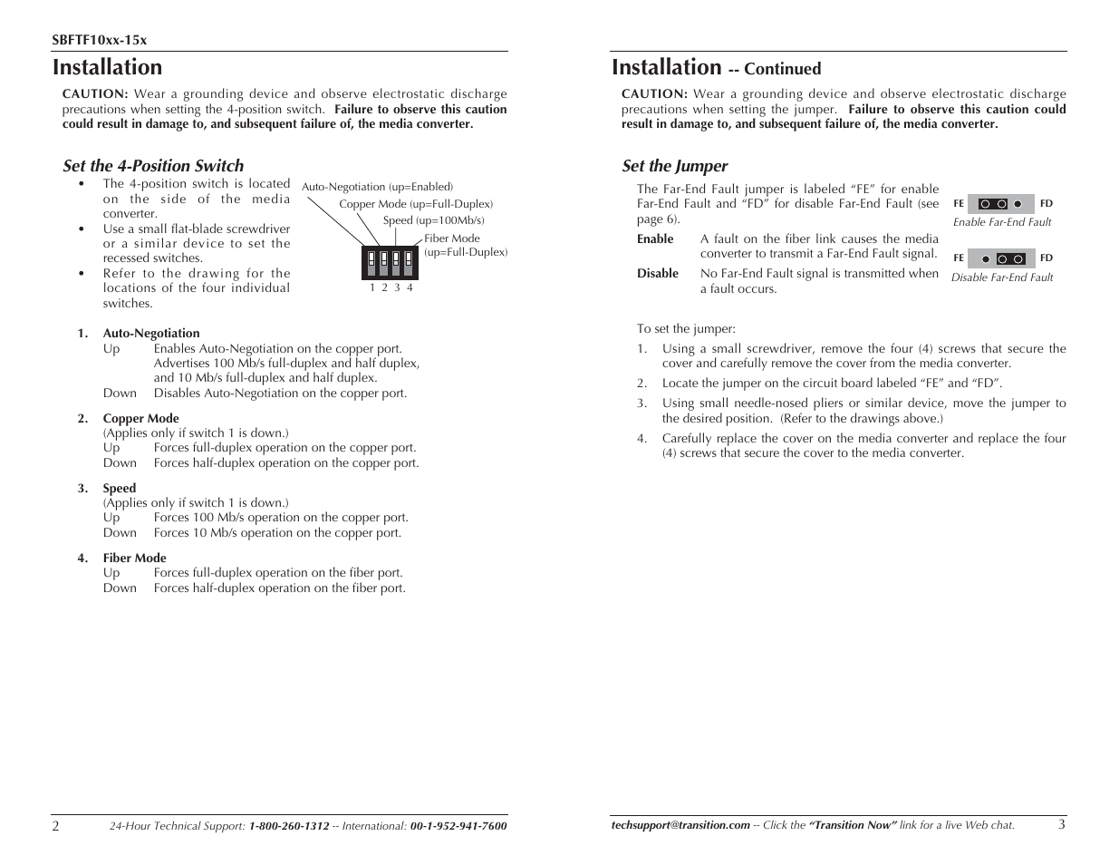 Installation, Set the 4-position switch, Continued | Set the jumper | Transition Networks SBFTF10XX-15X User Manual | Page 2 / 7