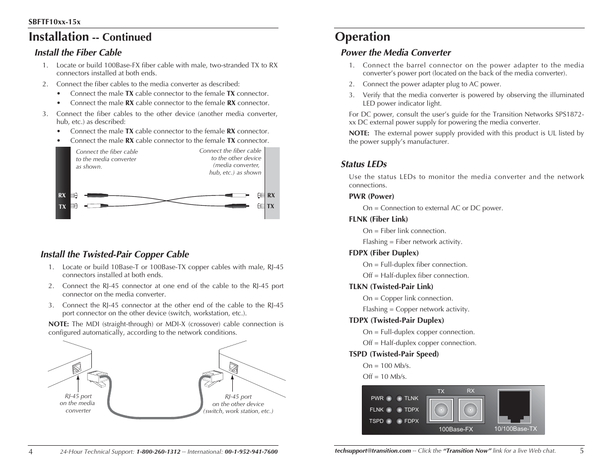 Installation, Operation, Continued | Install the twisted-pair copper cable, Install the fiber cable, Power the media converter, Status leds | Transition Networks SBFTF10XX-15X User Manual | Page 3 / 7