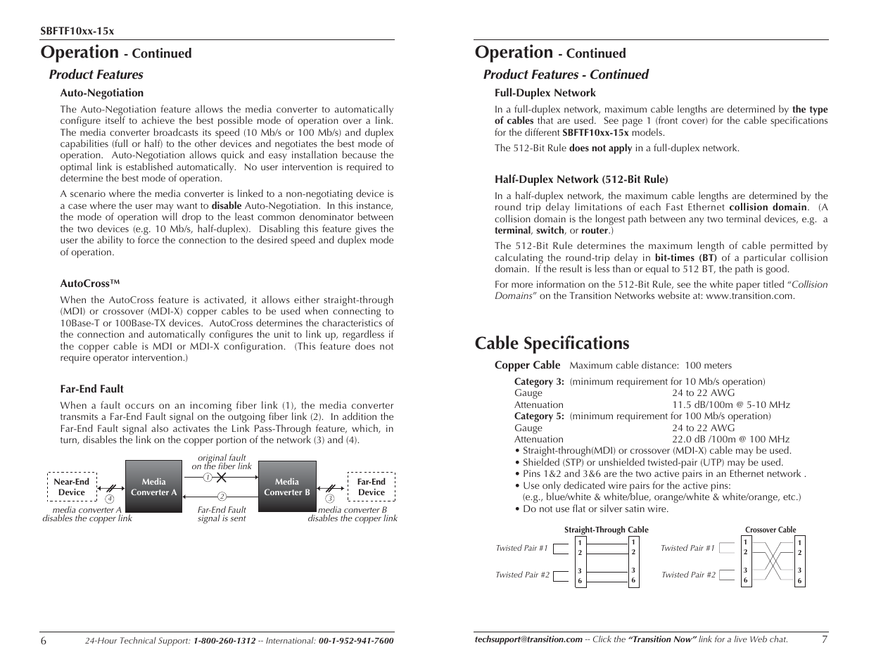 Operation, Cable specifications, Continued product features | Continued product features - continued | Transition Networks SBFTF10XX-15X User Manual | Page 4 / 7