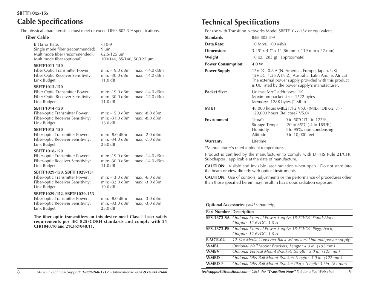Cable specifications, Technical specifications | Transition Networks SBFTF10XX-15X User Manual | Page 5 / 7