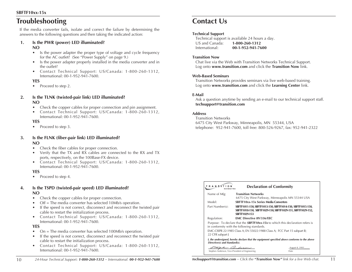 Troubleshooting, Contact us | Transition Networks SBFTF10XX-15X User Manual | Page 6 / 7