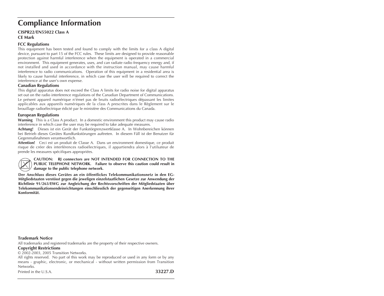 Compliance information | Transition Networks SBFTF10XX-15X User Manual | Page 7 / 7