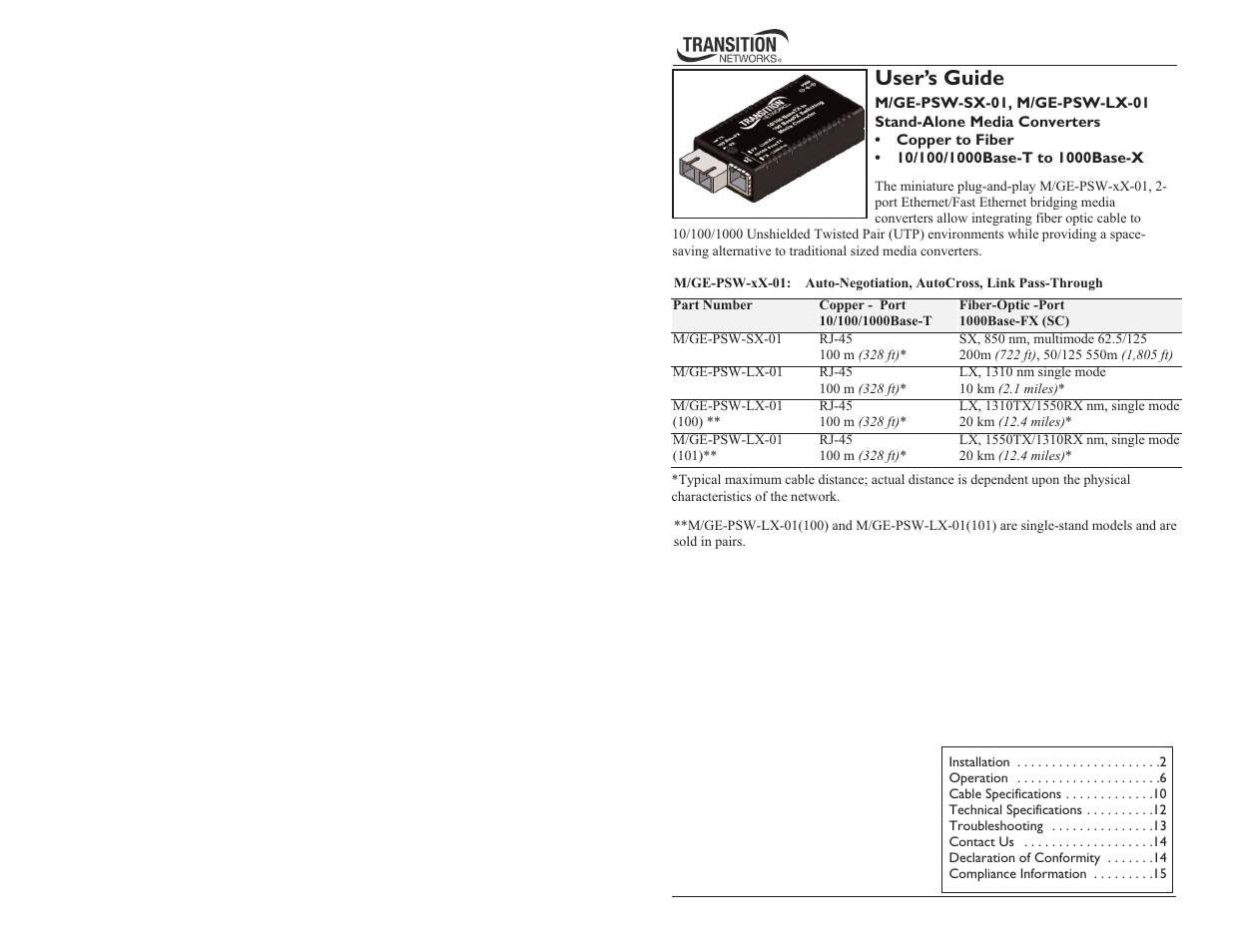 Transition Networks Standalone Media convertor MGE-PSW-SX-01 User Manual | 9 pages