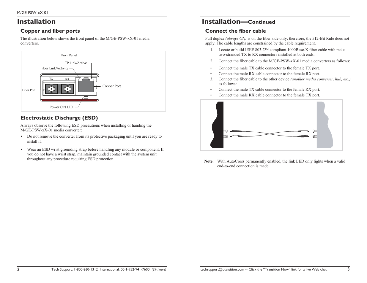 Installation, Electrostatic discharge (esd), Copper and fiber ports | Continued connect the fiber cable | Transition Networks Standalone Media convertor MGE-PSW-SX-01 User Manual | Page 2 / 9