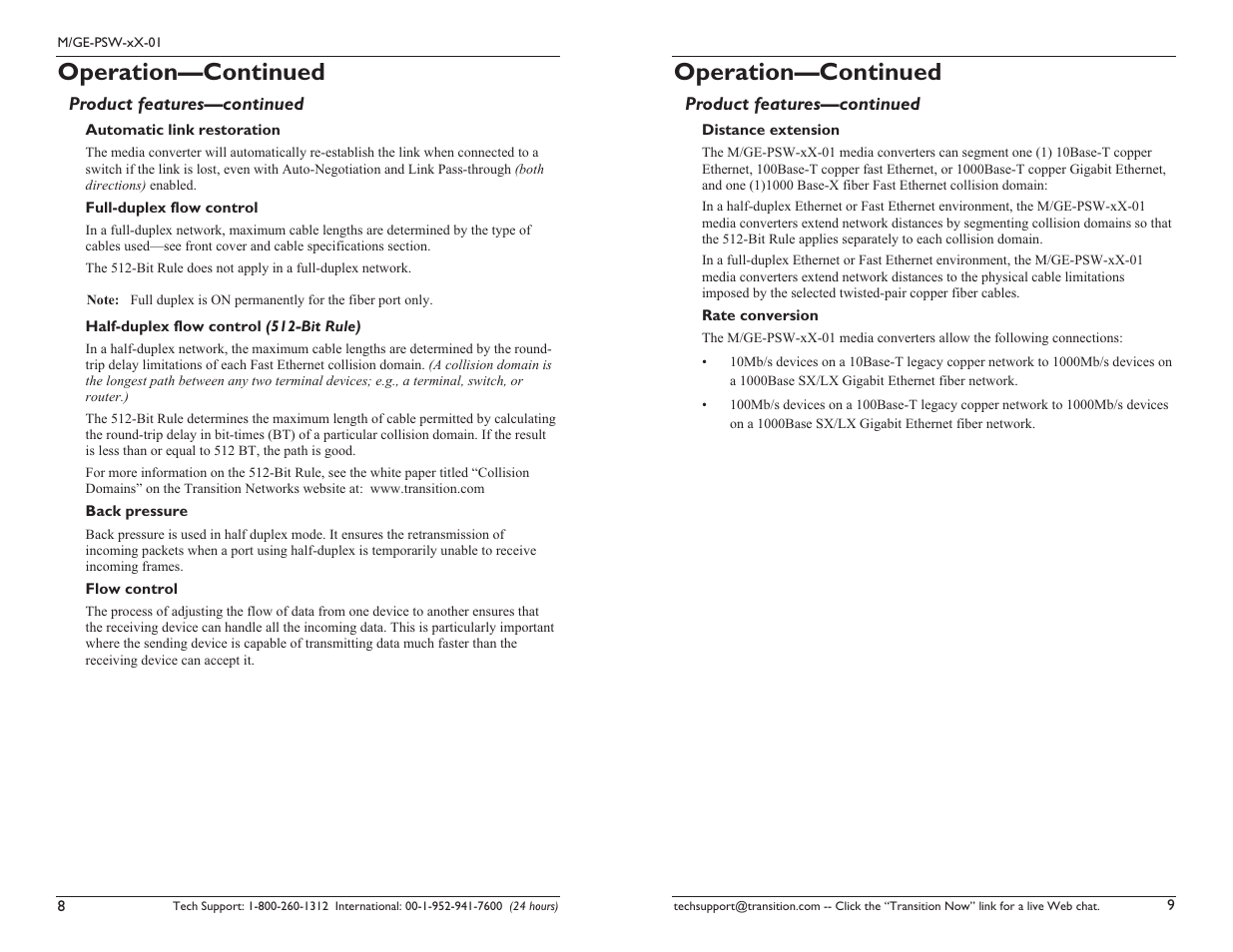 Operation —continued, Operation—continued | Transition Networks Standalone Media convertor MGE-PSW-SX-01 User Manual | Page 5 / 9