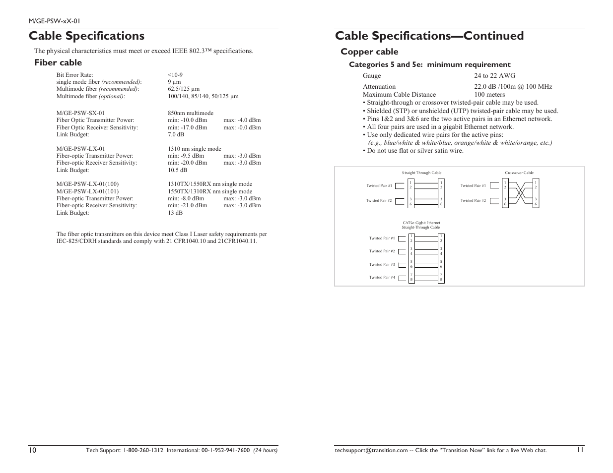 Cable specifications, Cable specifications—continued, Fiber cable | Copper cable, Categories 5 and 5e: minimum requirement | Transition Networks Standalone Media convertor MGE-PSW-SX-01 User Manual | Page 6 / 9