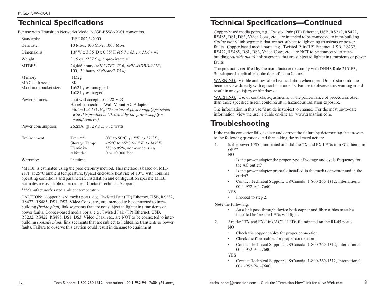 Technical specifications, Troubleshooting, Technical specifications—continued | Transition Networks Standalone Media convertor MGE-PSW-SX-01 User Manual | Page 7 / 9