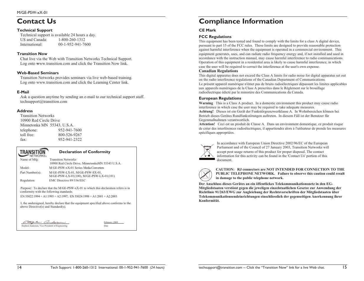 Contact us, Compliance information | Transition Networks Standalone Media convertor MGE-PSW-SX-01 User Manual | Page 8 / 9