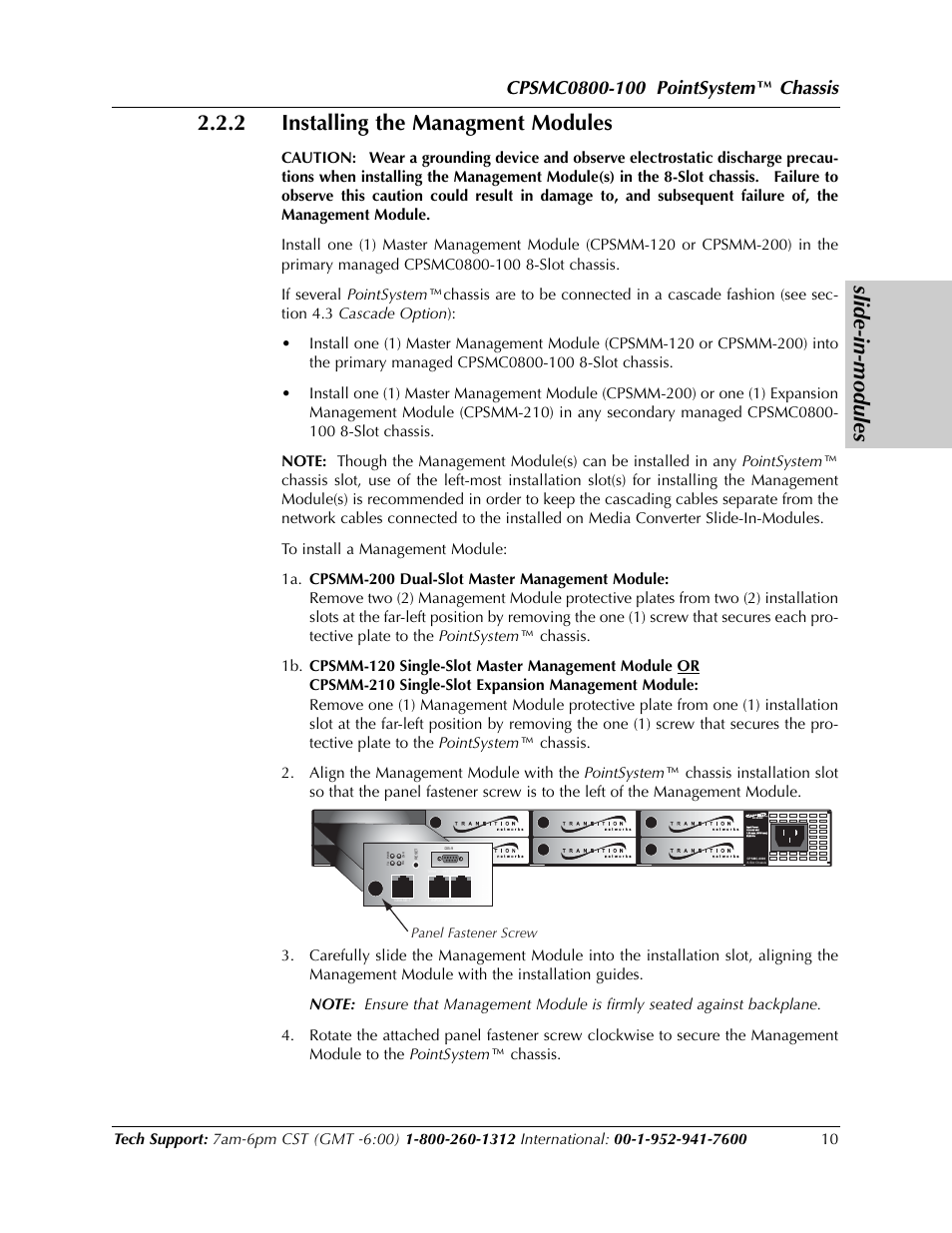 Slide-in-modules, 2 installing the managment modules, Chassis | Panel fastener screw | Transition Networks CPSMC0800-100 User Manual | Page 10 / 26
