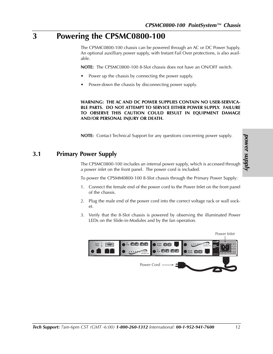 Po wer supply, 1 primary power supply, Chassis | Power inlet power cord | Transition Networks CPSMC0800-100 User Manual | Page 12 / 26