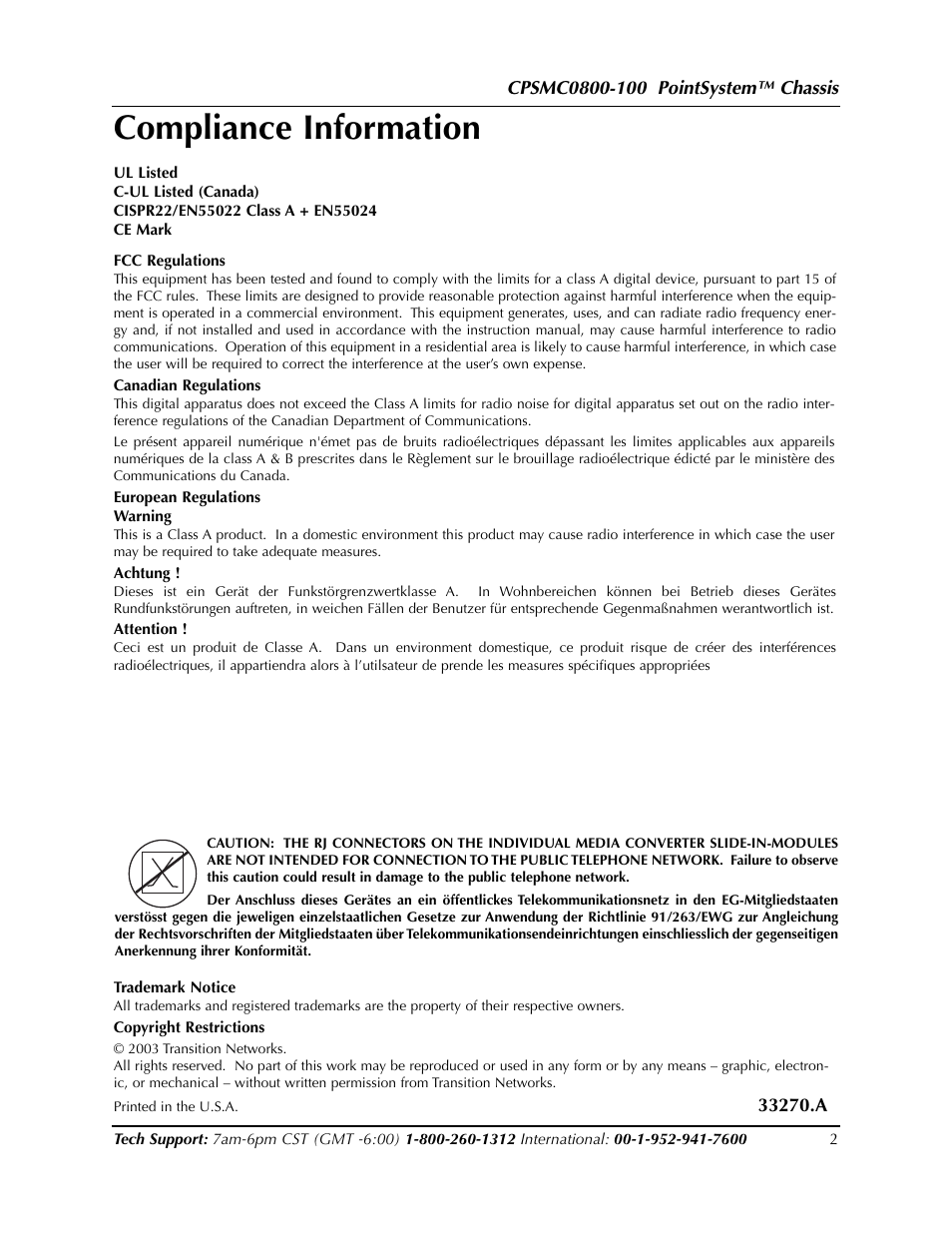 Compliance information | Transition Networks CPSMC0800-100 User Manual | Page 2 / 26
