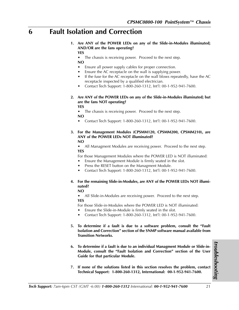 6fault isolation and correction, Troubleshooting | Transition Networks CPSMC0800-100 User Manual | Page 21 / 26