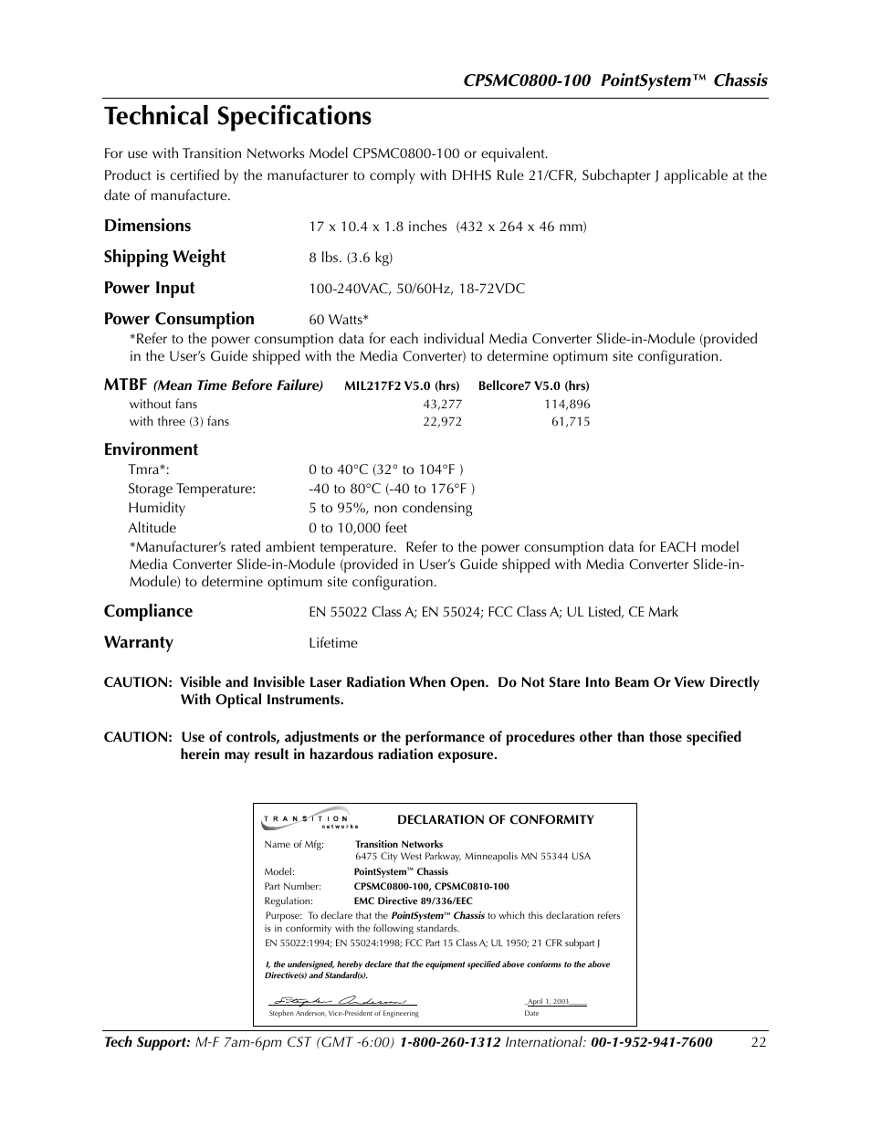Technical specifications, Chassis, Dimensions | Shipping weight, Power input, Power consumption, Mtbf, Environment, Compliance, Warranty | Transition Networks CPSMC0800-100 User Manual | Page 22 / 26