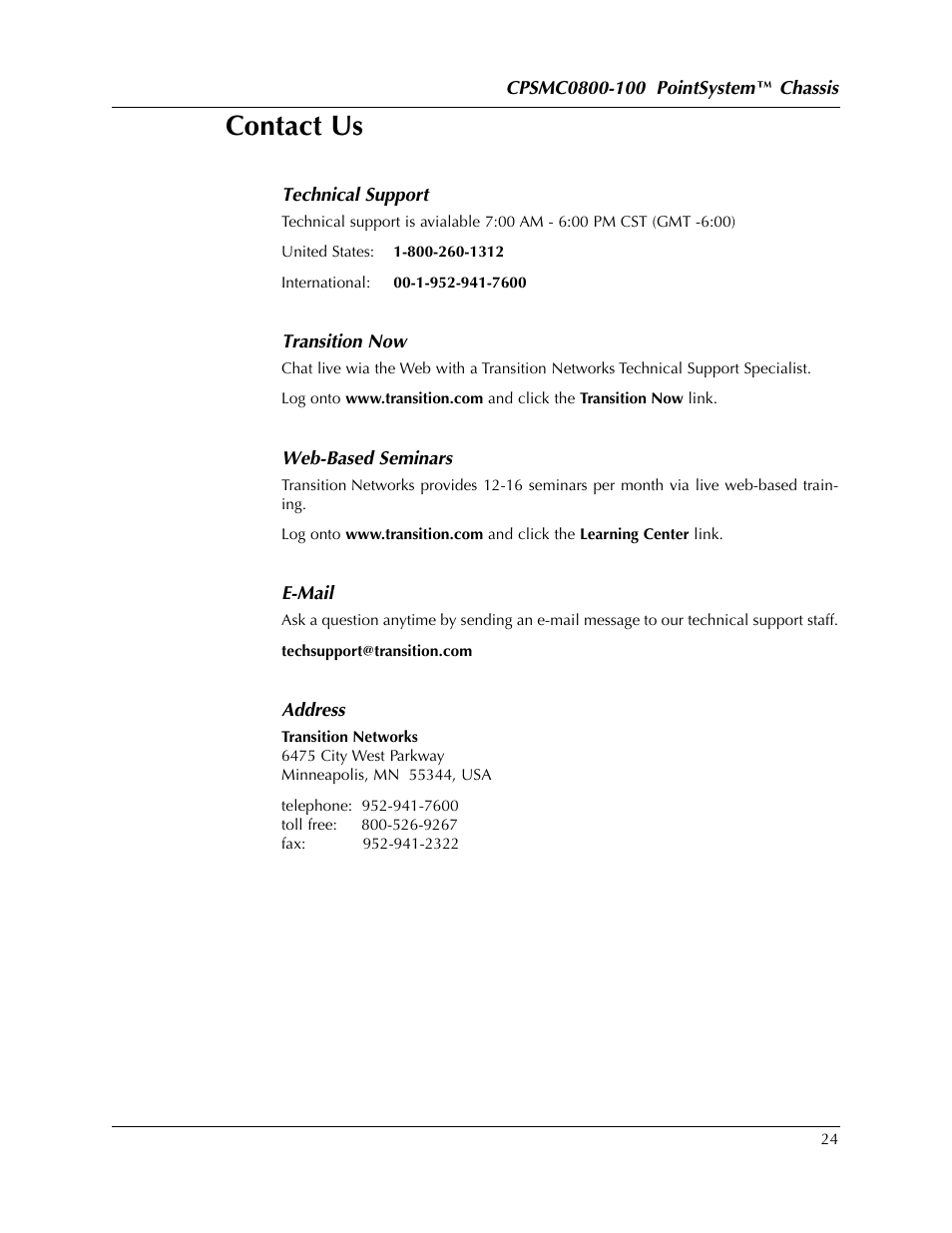 Contact us | Transition Networks CPSMC0800-100 User Manual | Page 24 / 26