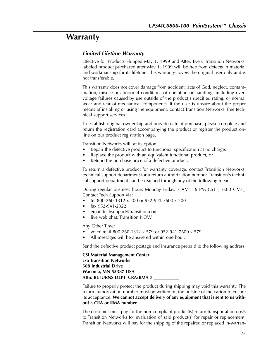 Warranty | Transition Networks CPSMC0800-100 User Manual | Page 25 / 26