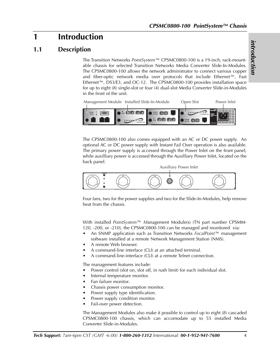 1introduction, Introduction, 1 description | Auxilliary power inlet | Transition Networks CPSMC0800-100 User Manual | Page 4 / 26