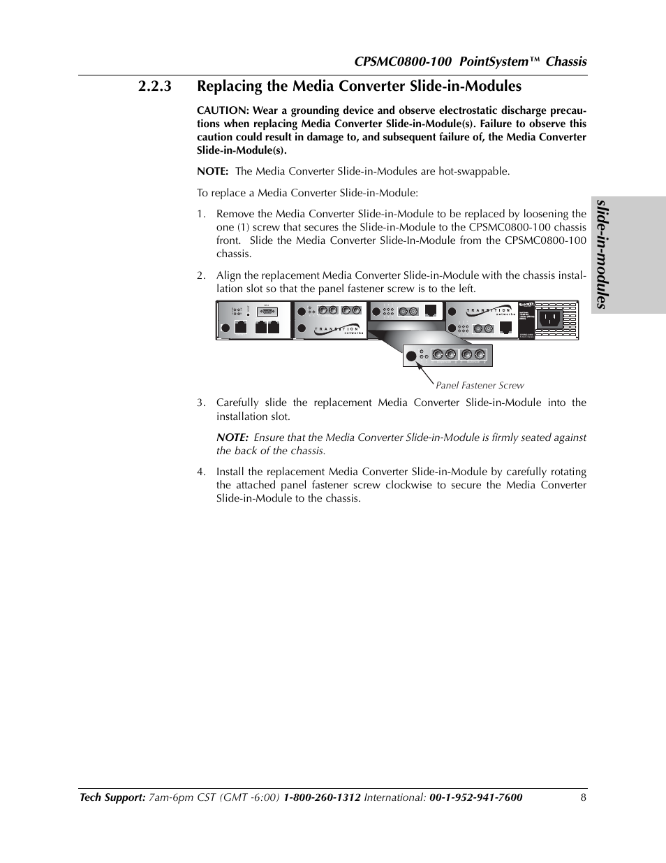 Slide-in-modules, 3 replacing the media converter slide-in-modules, Chassis | Panel fastener screw | Transition Networks CPSMC0800-100 User Manual | Page 8 / 26