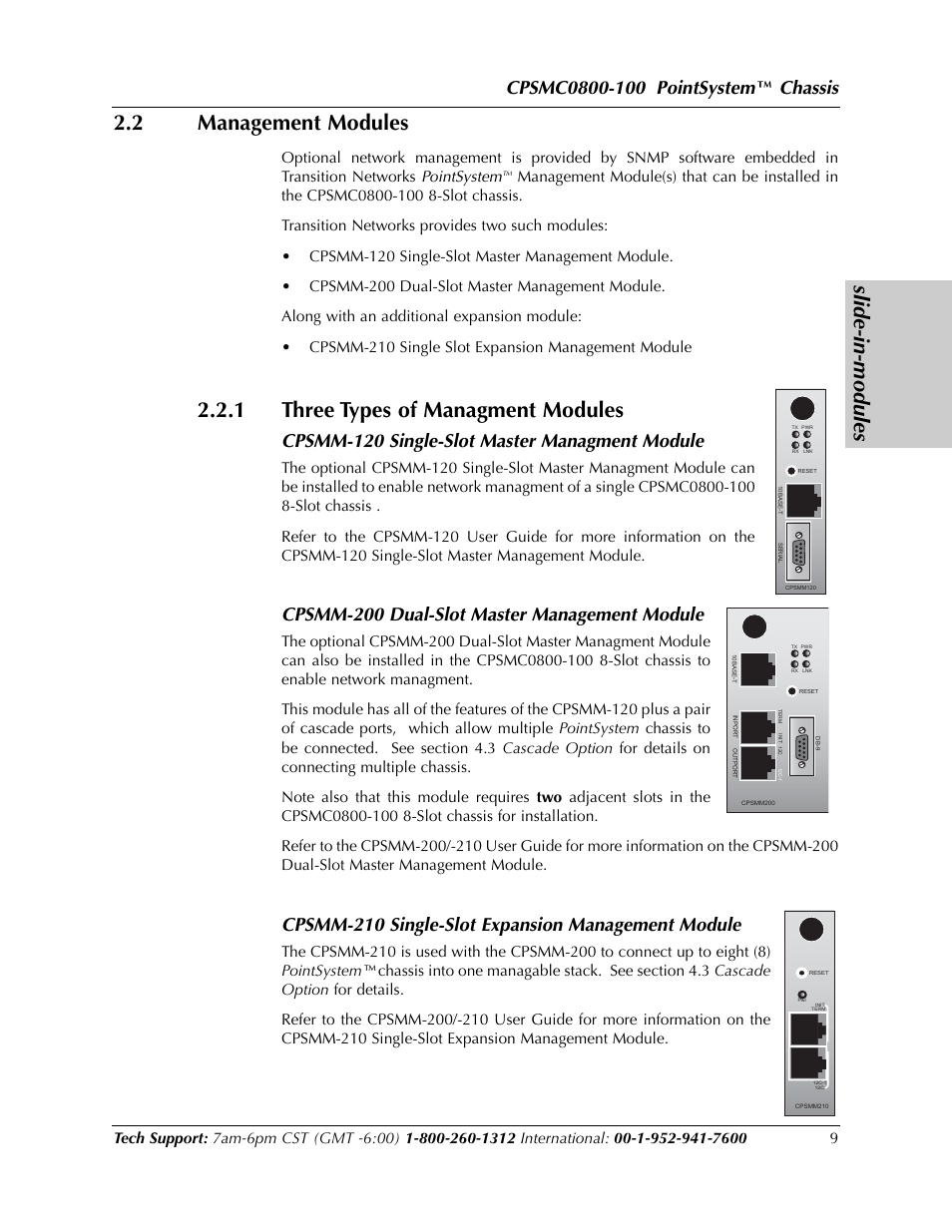 Slide-in-modules, 2 management modules, 1 three types of managment modules | Chassis, Cpsmm-120 single-slot master managment module, Cpsmm-200 dual-slot master management module, Cpsmm-210 single-slot expansion management module | Transition Networks CPSMC0800-100 User Manual | Page 9 / 26