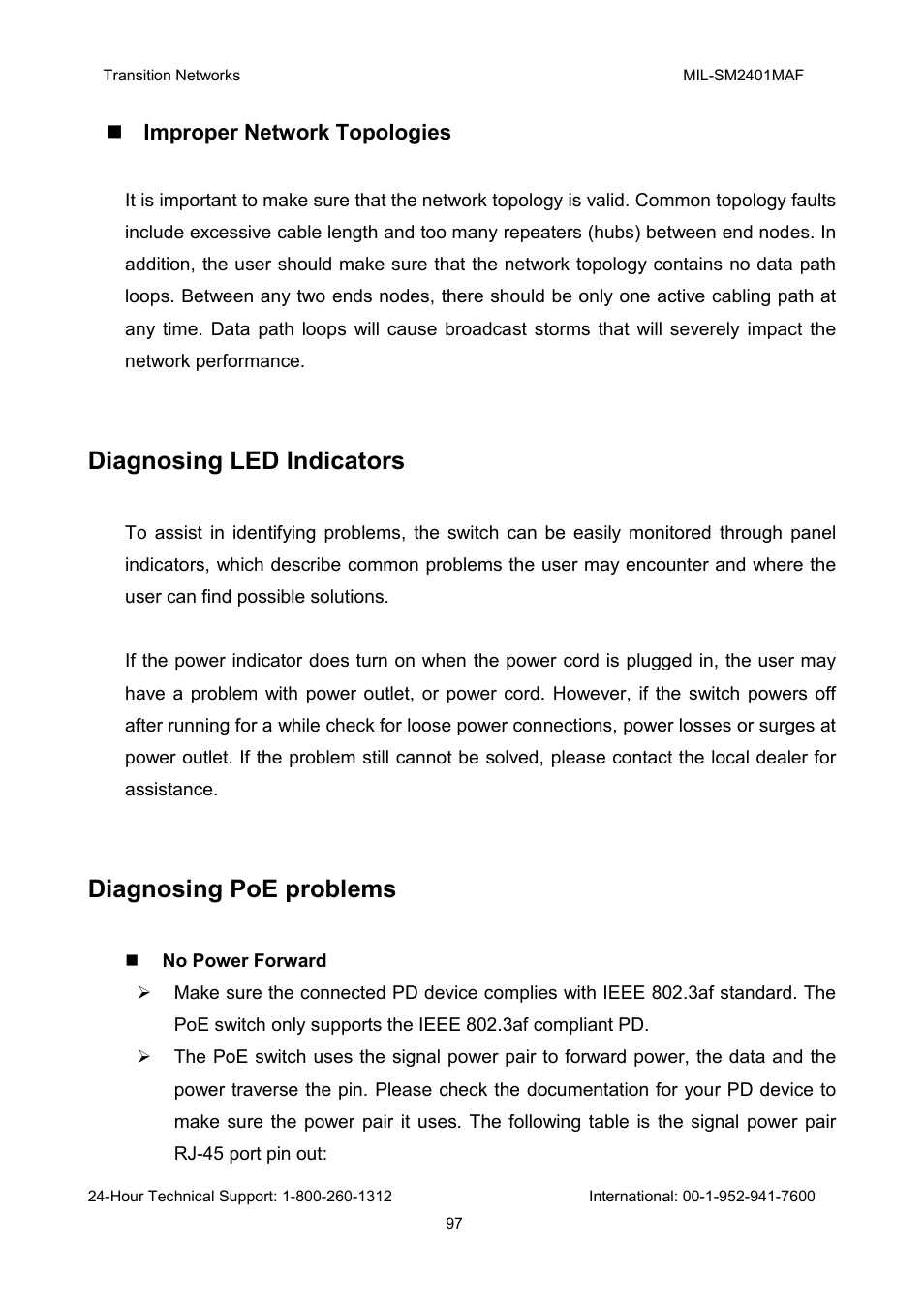 Diagnosing led indicators, Diagnosing poe problems | Transition Networks MIL-SM2401MAF User Manual | Page 103 / 111