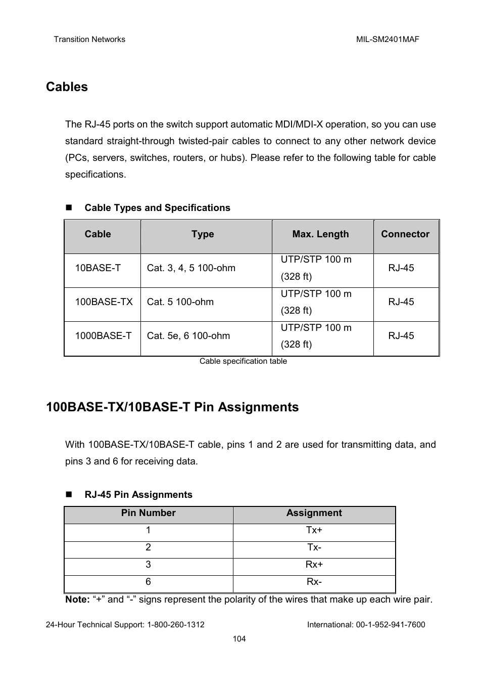 Cables | Transition Networks MIL-SM2401MAF User Manual | Page 110 / 111