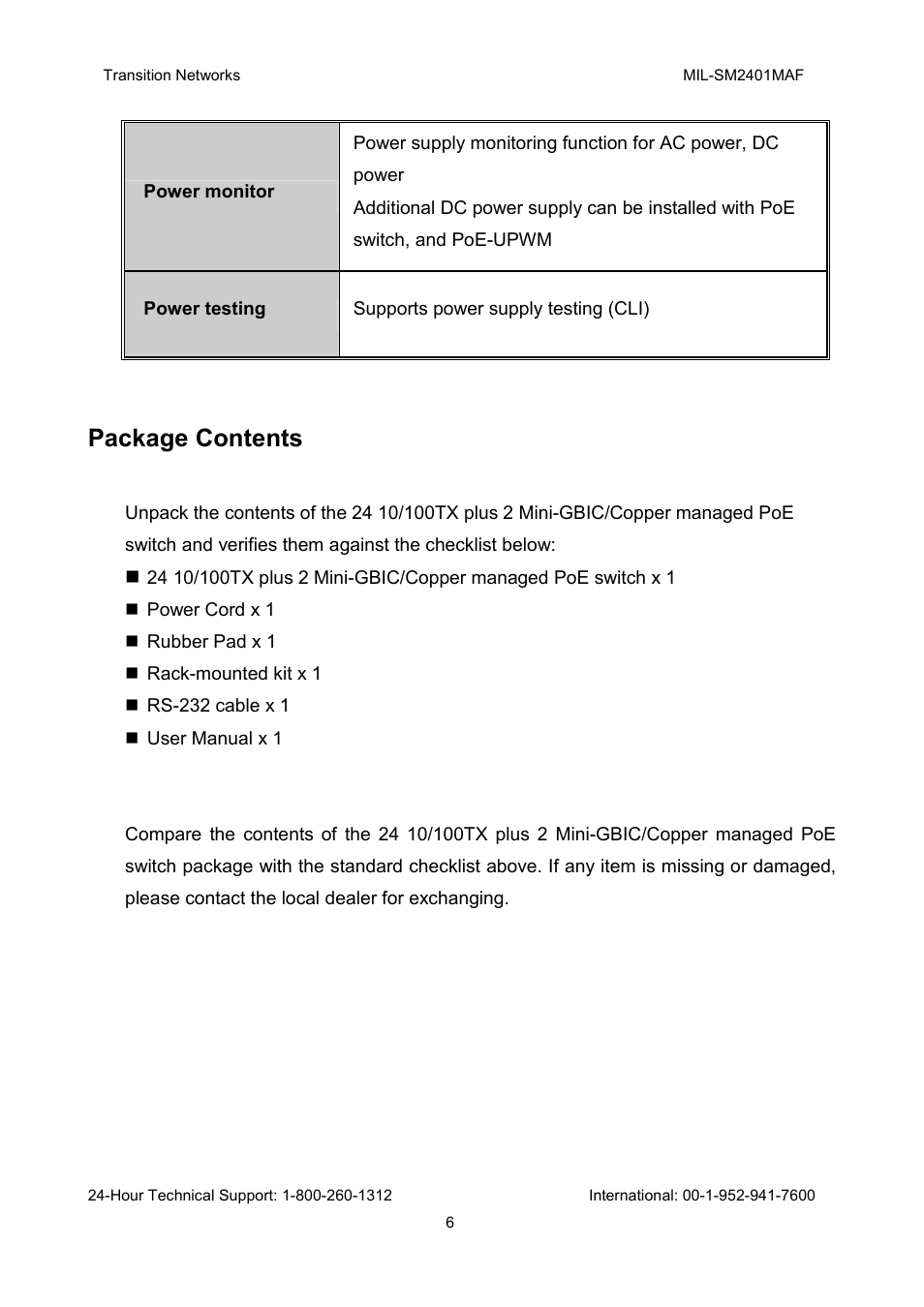 Package contents | Transition Networks MIL-SM2401MAF User Manual | Page 12 / 111