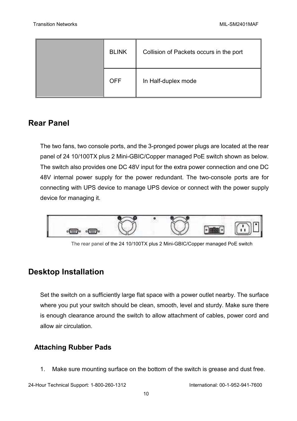 Rear panel, Desktop installation | Transition Networks MIL-SM2401MAF User Manual | Page 16 / 111